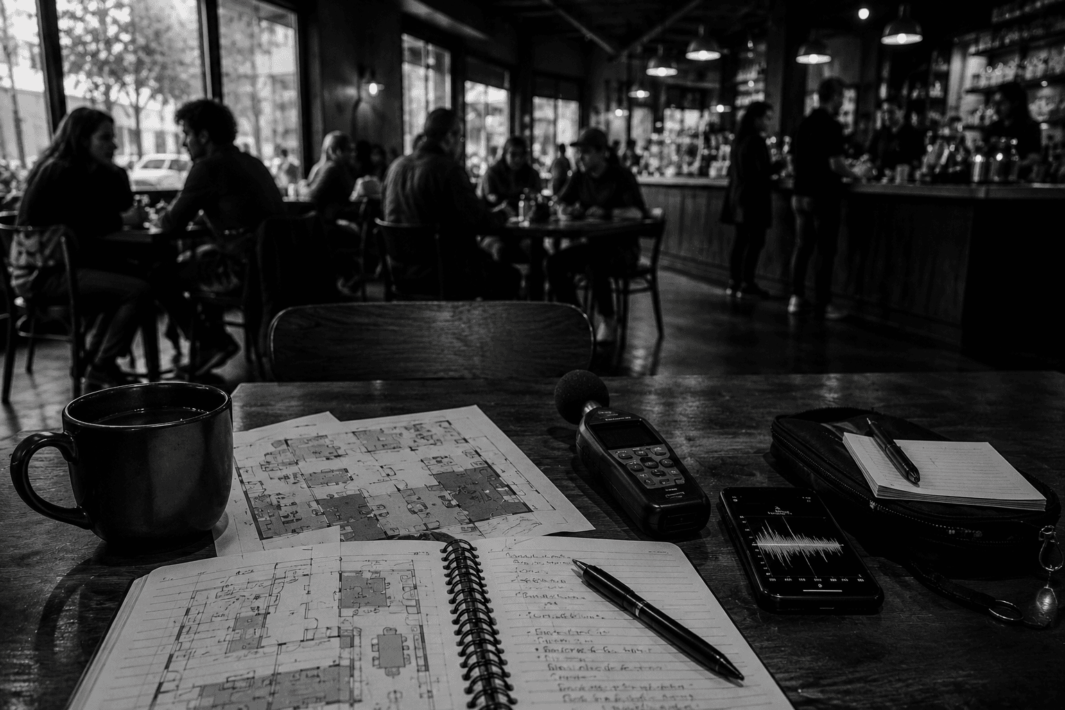 Black-and-white field research table with notes and sound observation tools inside a shared space.