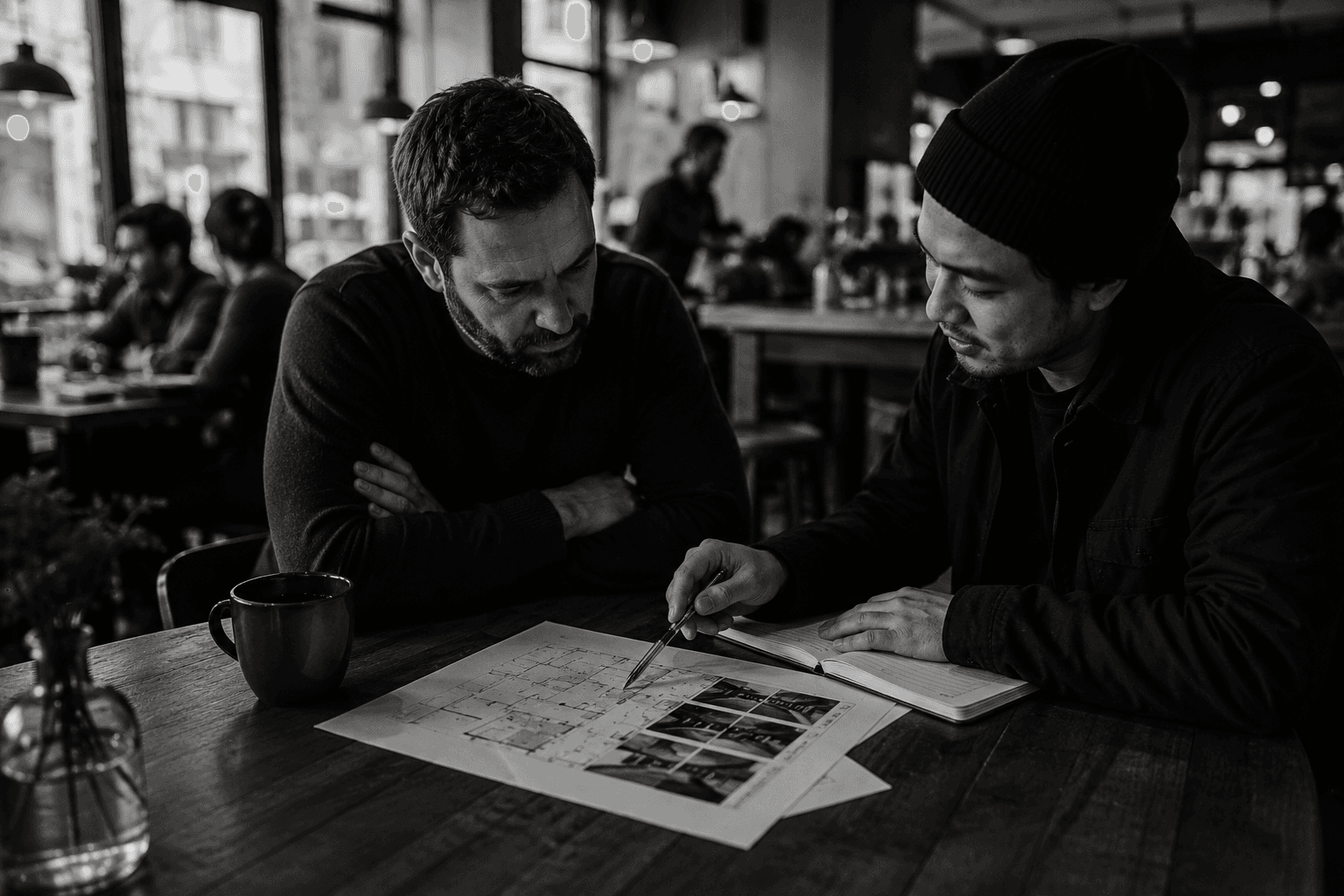 Black-and-white image of an operator reviewing room observations with a field researcher.