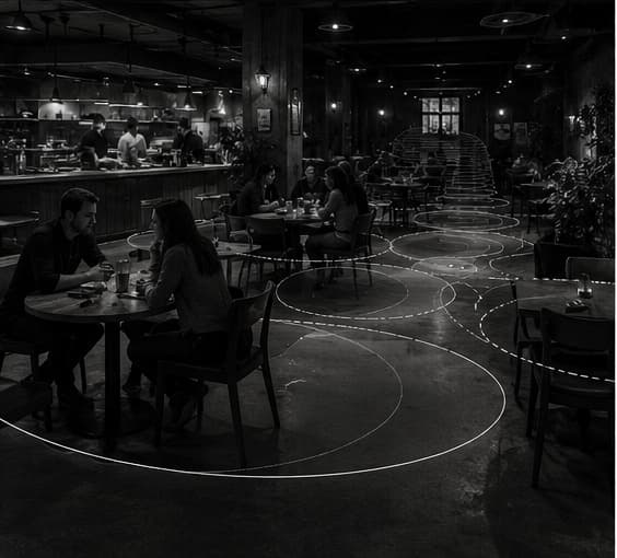 A busy restaurant space with visual comfort-zone overlays.
