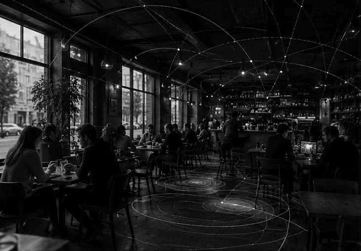 A cafe-like physical space with subtle environmental intelligence mapping overlays.