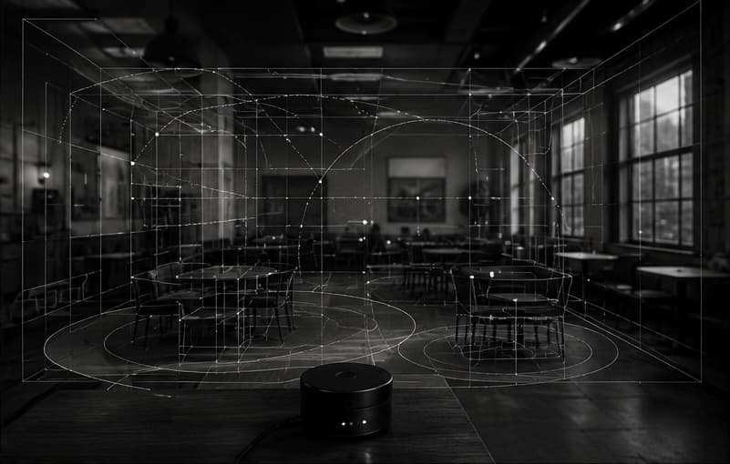 A room with spatial acoustic mapping overlays representing Whisper development.