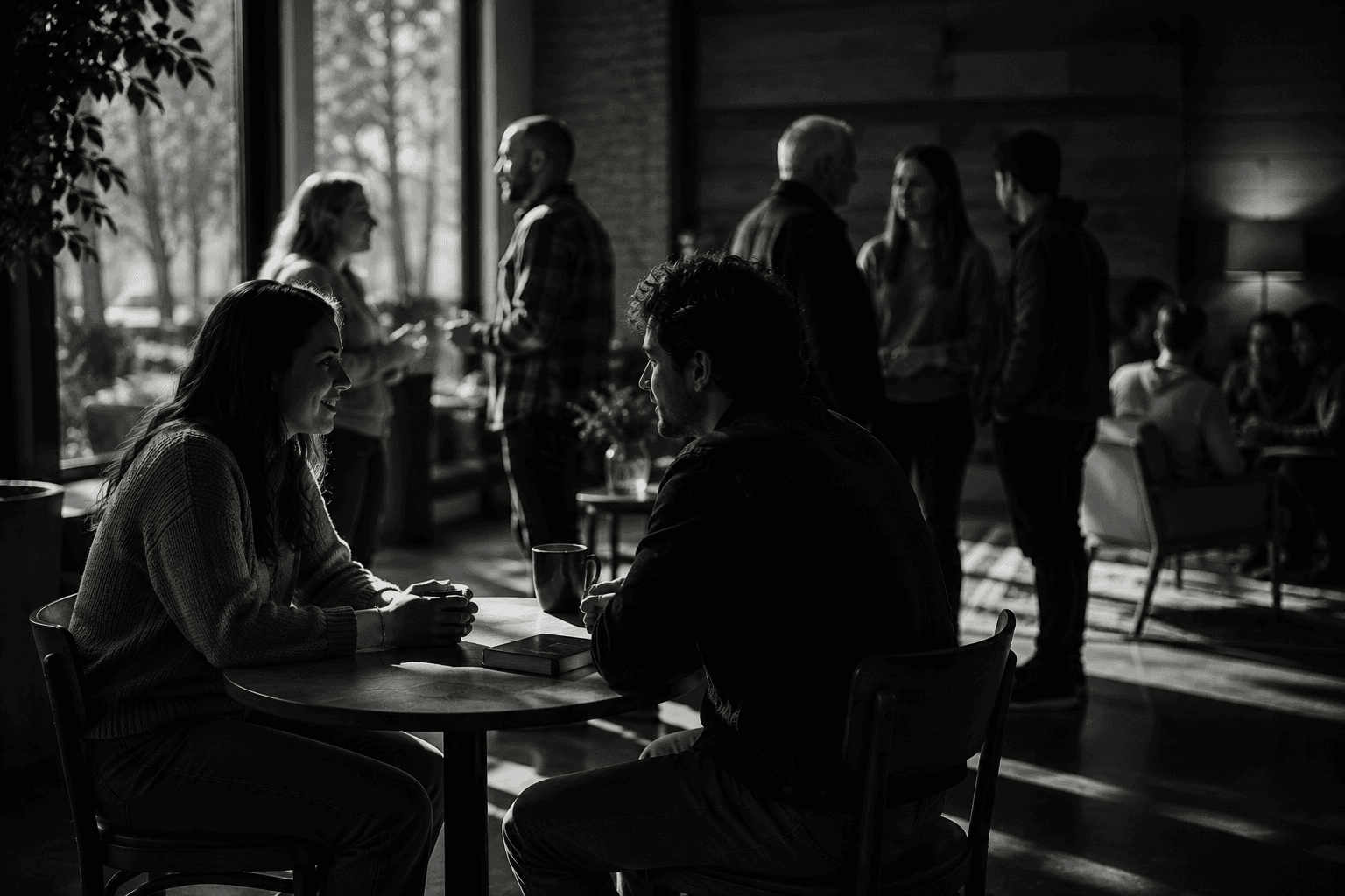 Black-and-white image of people in quiet conversation inside an intentional shared space.