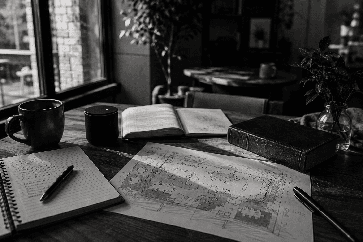 Black-and-white stewardship table with notes, room sketches, and subtle faith presence.