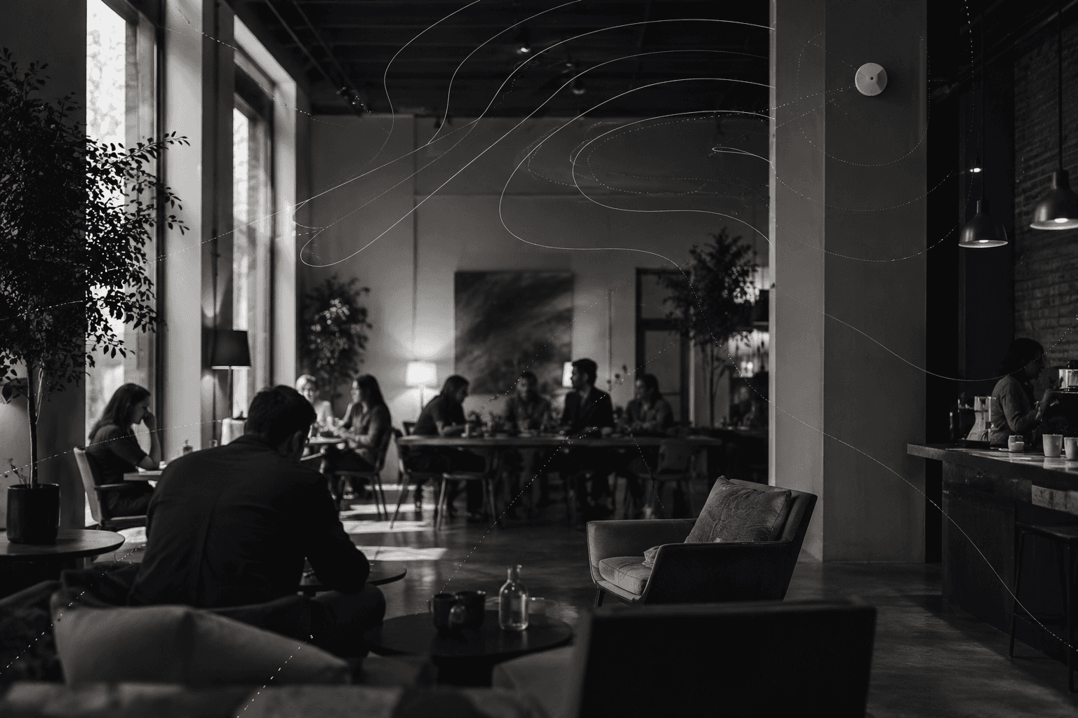 Black-and-white shared room with subtle acoustic mapping lines representing Whisper spatial intelligence.