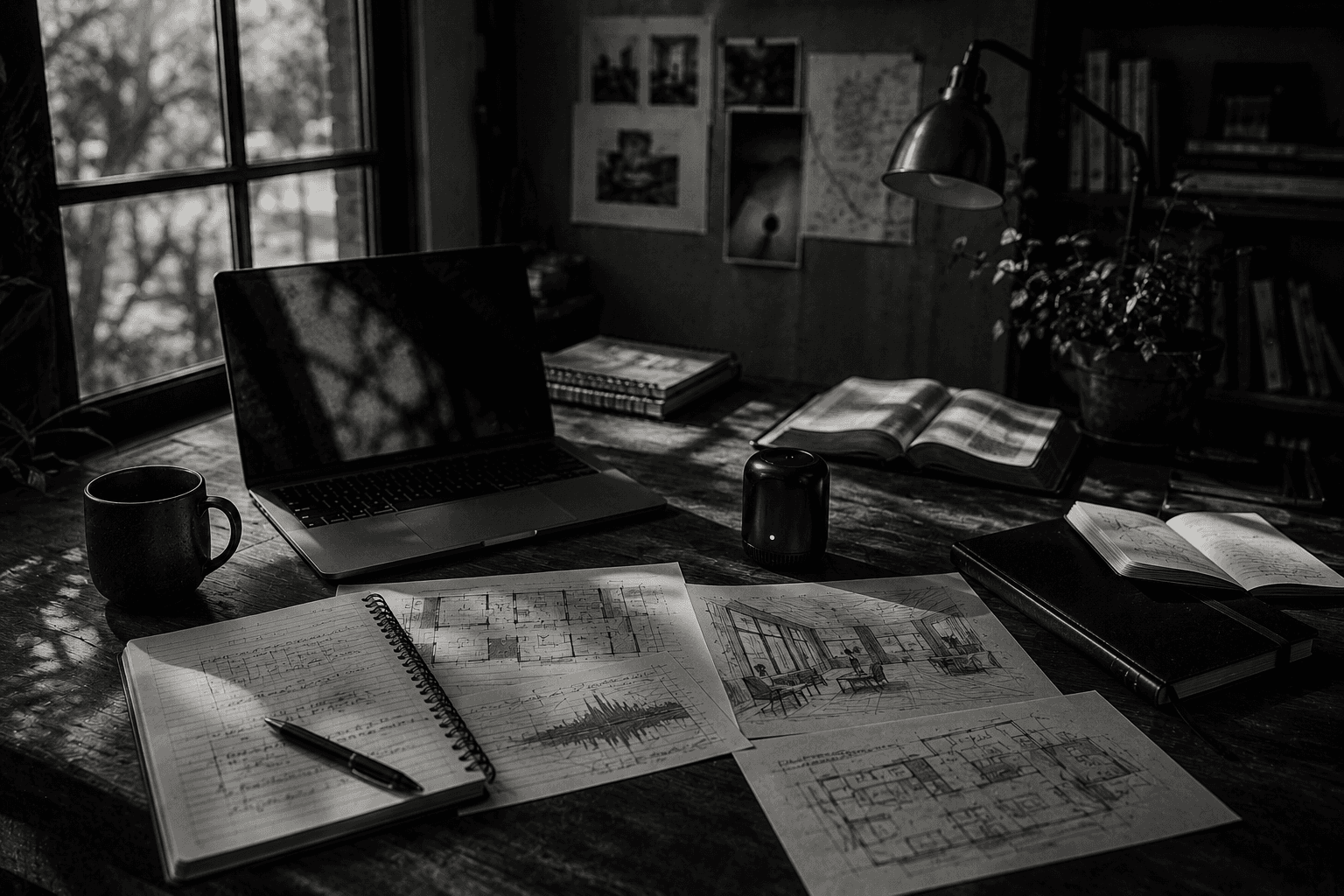 Black-and-white founder-stage workspace with room sketches and acoustic research notes.