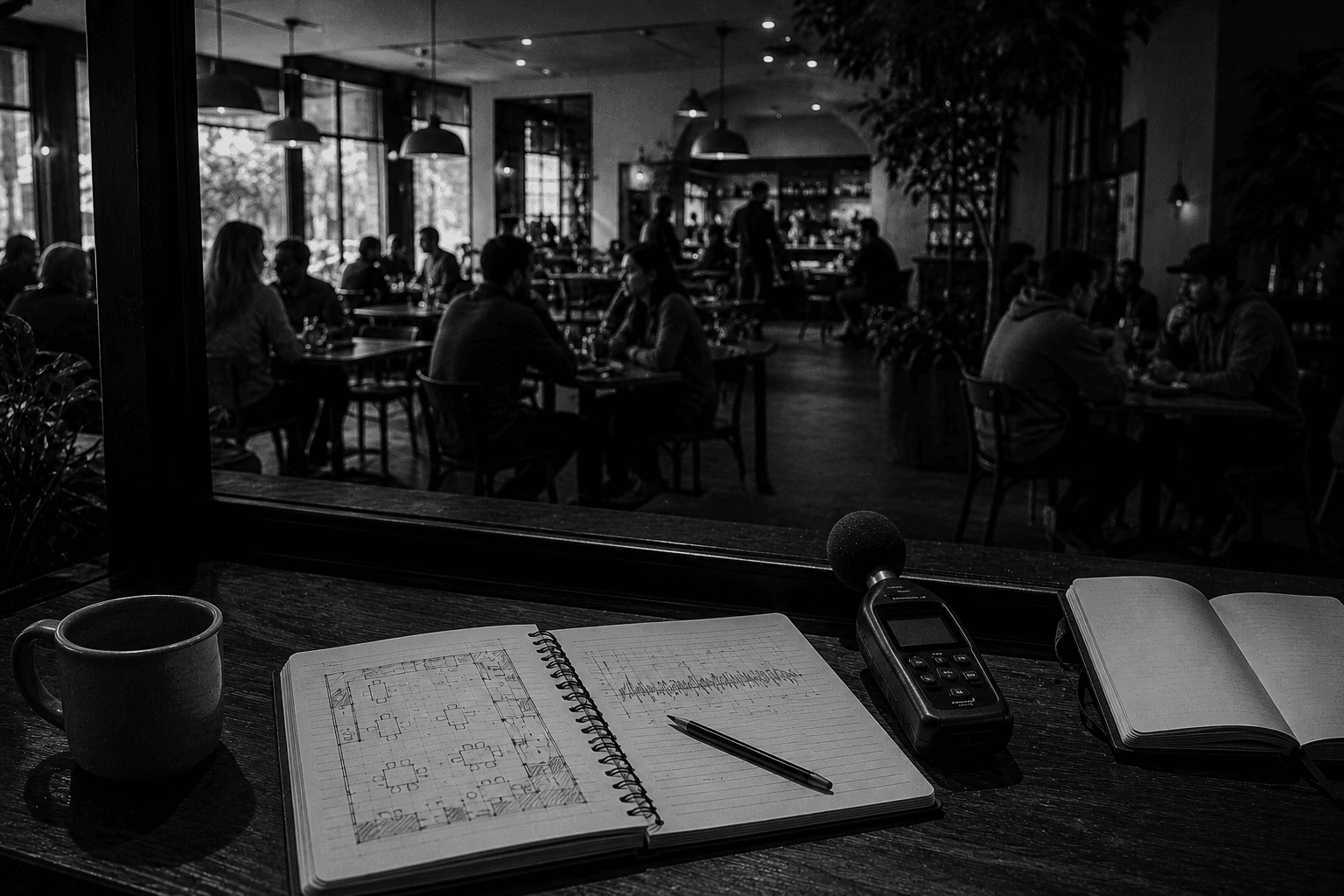 Black-and-white field observation setup inside a real shared space.